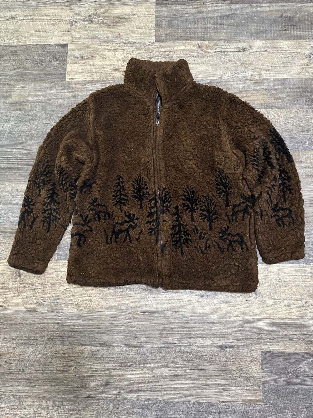 Black Mountain Outdoor Brown Fleece Jacket with Forest and Moose Pattern